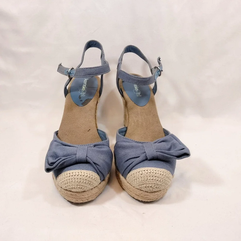 Kensie Girl Blue Espadrille Wedges; Bow Accent Ankle Strap Platform Sandals